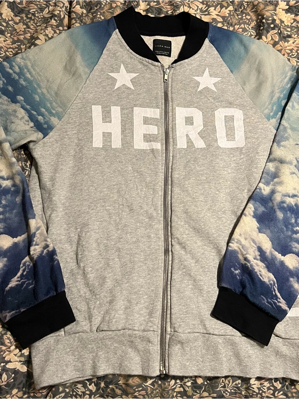 Zara Gray 'HERO'  Jacket with Blue Cloud Print Sleeves
